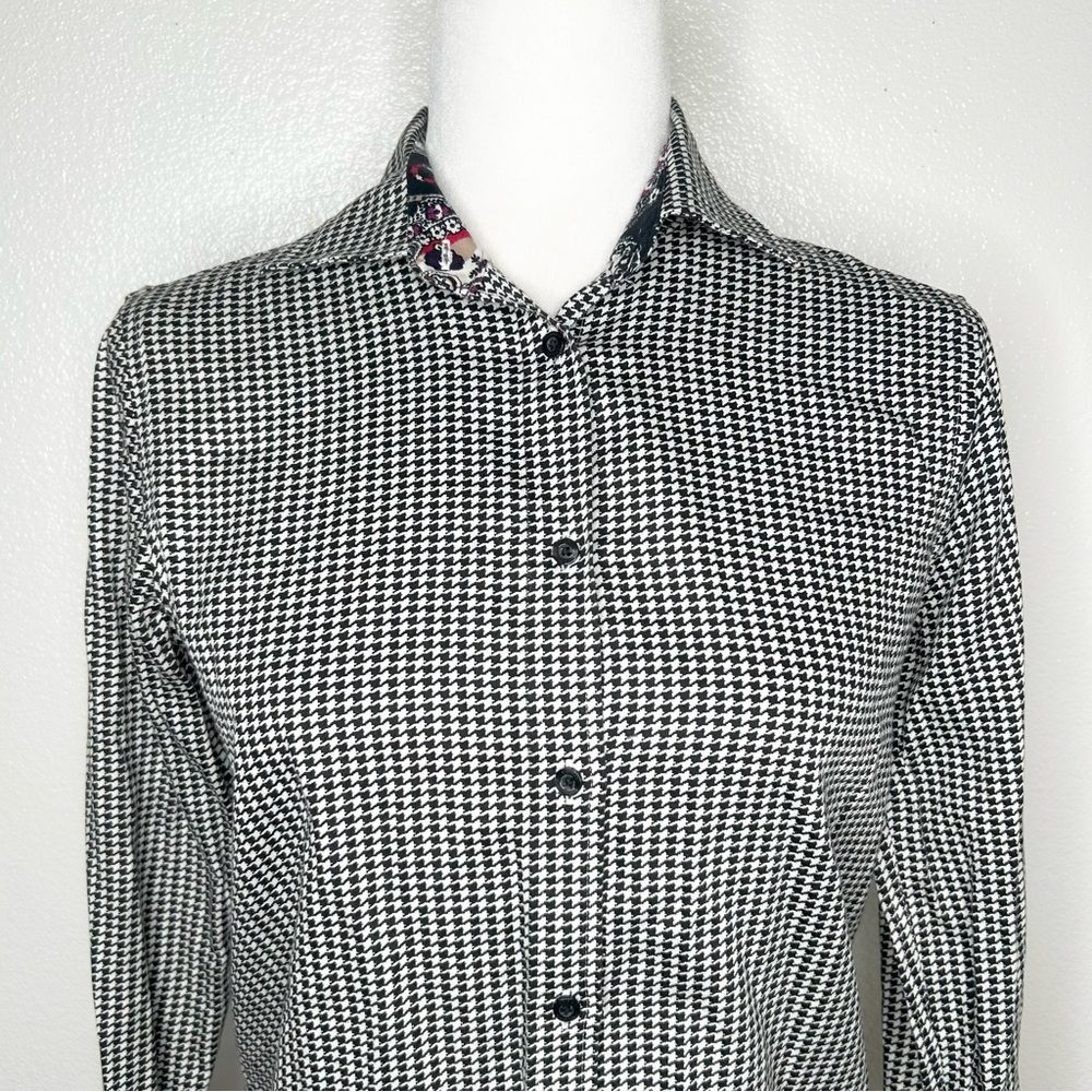 CHAPS No Iron Womens Black White Houndstooth Long Sleeve Button Up Shirt Size S - Picture 2 of 10